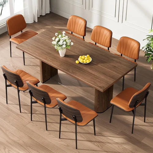 Vista 21 de Juego de 2 sillas de comedor, modernas sillas tapizadas de piel sintética de mediados de siglo con respaldo de nogal y patas de metal, pies
