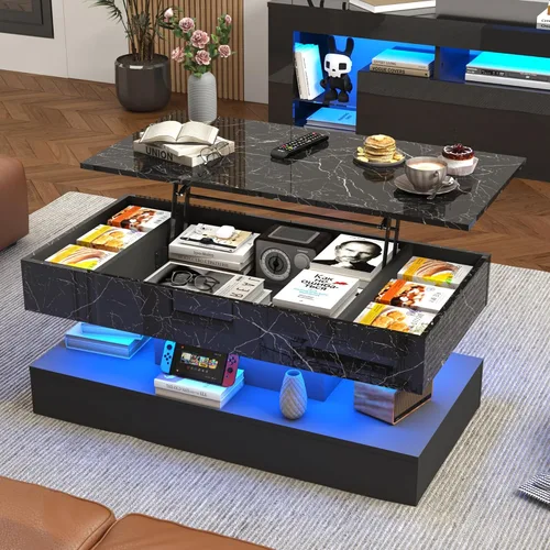 Vista 8 de chartustriable Mesa de Centro Grande de 39.4" con Tapa Elevable y Estación de Carga, Mesa Central LED Moderna de Alto Brillo con Compartimento