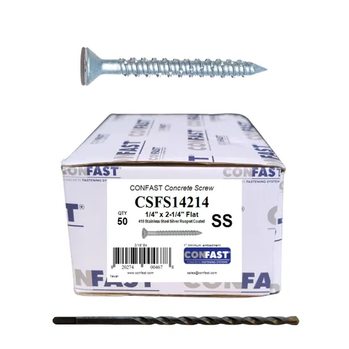 Vista 12 de CONFAST Tornillos para concreto de 1/4" x 1-3/4" de acero inoxidable 410 Phillips planos con cabeza cuadrada cóncava con broca para anclaje a