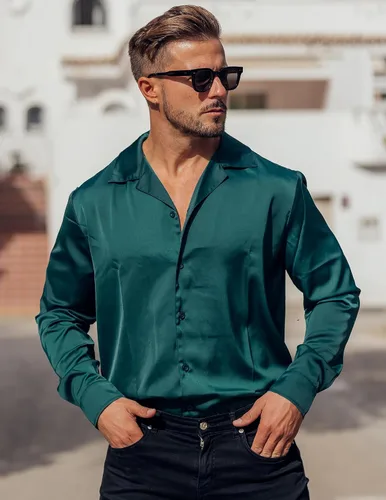 Vista 2 de COOFANDY Camisa de seda de lujo para hombre, camisa de vestir de satén de manga larga con botones brillantes, para baile de graduación, boda, fiesta