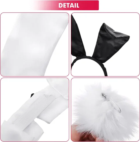 Vista 3 de Conjunto de accesorios de conejo para mujer diadema de orejas de conejo puños corbatín cola de conejo para Halloween Navidad