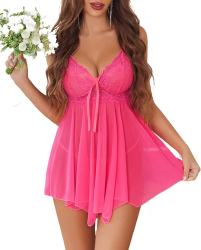 Vista 21 de Avidlove Lencería para mujer, babydoll de encaje, camisón de malla, camisón de noche, ropa interior para dormir 1-negro