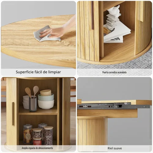 Vista 3 de Mesa de comedor redonda extensible de 43.3-59 pulgadas para 4-6-8, puerta corredera de madera estriada, mesa de cocina ovalada moderna, base