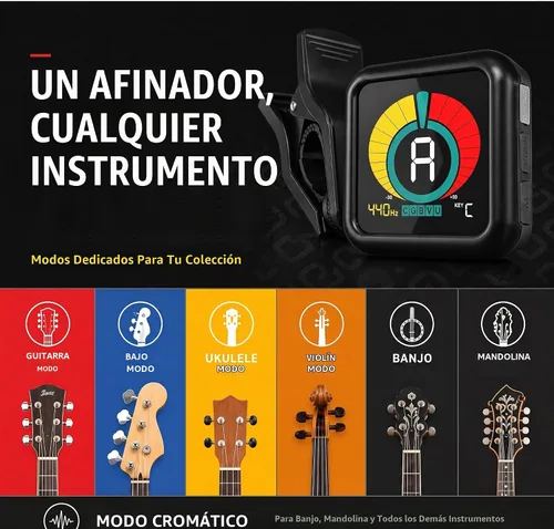 Vista 2 de KLIQ UberTuner, afinador profesional de clip para guitarra, bajo, ukelele, violín, mandolina, banjo y todos los instrumentos, afinación cromática