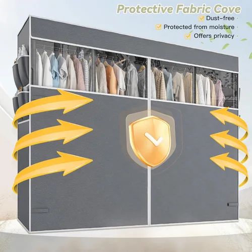 Vista 3 de Raybee Perchero para ropa con cubierta, perchero para colgar ropa, armario portátil, ajustable, 1150LBS, 18" de profundidad x 76" de ancho x 77