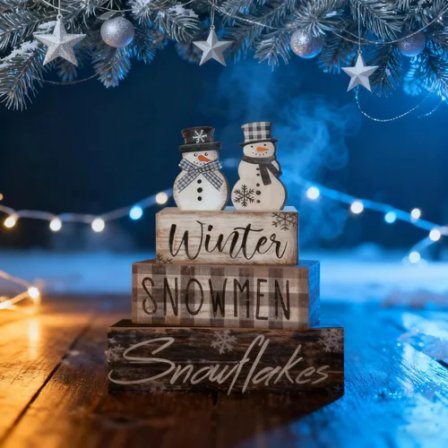 Vista 2 de 4 piezas de decoraciones navideñas para interiores - Decoración de mesa de muñeco de nieve de invierno de madera para el hogar - Centro de mesa