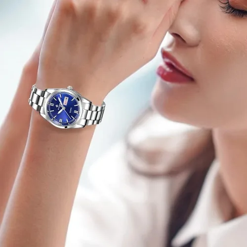 Vista 4 de Gosasa Reloj analógico de cuarzo para mujer, correa de acero inoxidable, color plateado, Reloj analógico