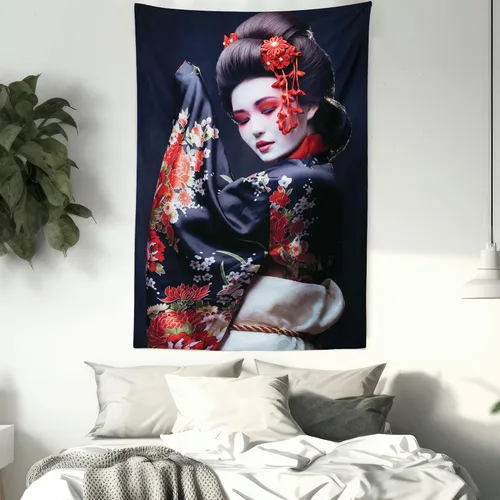 Vista 7 de Lunarable Tapiz japonés, Geisha joven en kimono con maquillaje oriental tradicional de Sakura, decoración de tela para colgar en la pared