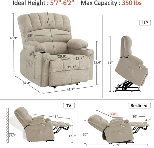 Vista 3 de MCombo Silla Reclinable Elevadora Eléctrica de Gran Tamaño para Ancianos, Silla Elevadora con Calor y Masaje, Reclinable Elevadora para Grandes