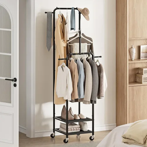 Vista 2 de Chrislley Pequeño Perchero de Ropa con Ruedas, Perchero Enrollable Portátil de 71" con 2 Estantes y 6 Ganchos, Perchero de Ropa de Metal Resistente