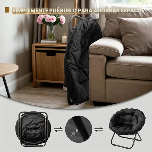 Vista 6 de Grezone Silla plegable con platillo, silla de luna perezosa de gran tamaño con marco de metal, cómodas sillas de dormitorio para dormitorio, sala
