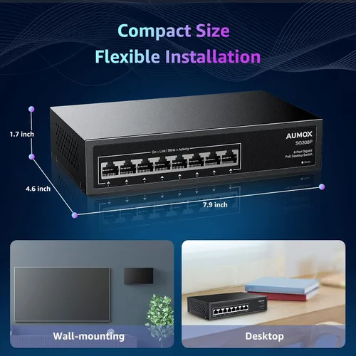 Vista 7 de All 8 puertos Gigabit PoE Switch 120W Ethernet no administrado Switch