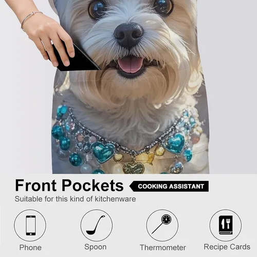 Vista 5 de Delantal personalizado para perro maltés adulto, delantal de cocina para mujer y hombre, delantal ajustable con bolsillo para hornear, hacer