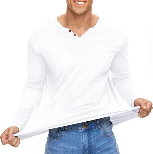 Vista 6 de NUOKESASI Camiseta básica Henley de manga corta y larga para hombre