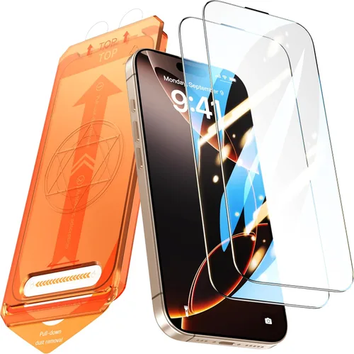 Vista 14 de Paquete de 2 protectores de pantalla para iPhone 15 Pro, dureza 9H, protector de pantalla de vidrio templado con kit de alineación automática