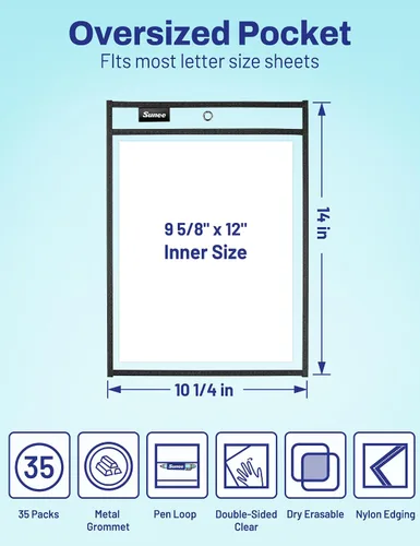 Vista 2 de SUNEE - Paquete de 30 fundas de plástico reutilizables de borrado en seco de gran tamaño con 2 anillas, fundas para boletos de 10 x 14 pulgadas