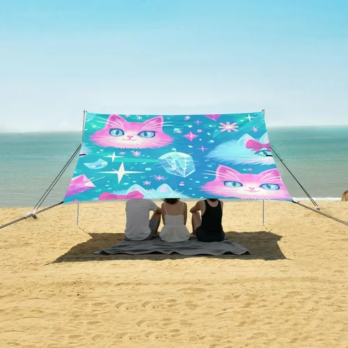 Vista 5 de Pink Blue Cats Foldable Beach Canopy UPF50+ Protection Waterproof Large Sun Shade with Carrying Bag for Camping, Fishing, Backyard Fun