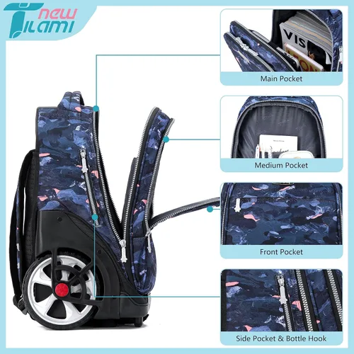 Vista 118 de NEW TILAMI Mochila con ruedas de 19 pulgadas con bolsa de almuerzo para niñas y niños, mochila para laptop con ruedas, bolsa de mano duradera
