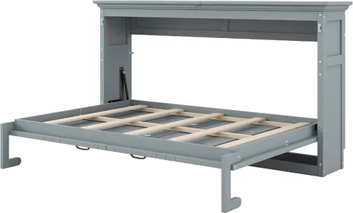 Vista 6 de MERITLINE Armario de cama Murphy horizontal individual con escritorio, marco de cama Murphy de madera maciza para habitación pequeña, oficina Gris