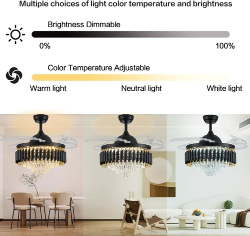 Vista 2 de Ventilador de techo regulable de cristal de 36 pulgadas con luces y control remoto, moderno ventilador de techo retráctil con luces para dormitorio