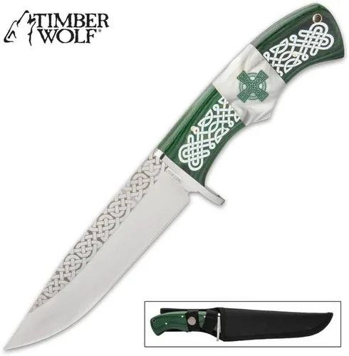 Vista 3 de Timber Wolf Celtic Legend - Cuchillo de hoja fija con vaina, hoja de acero inoxidable 3CR13, mango de madera verde Kelly, protector de acero