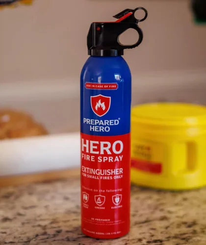 Vista 4 de Prepared Hero Spray Contra Incendios – Mini extintores de incendios para casa, coche, garaje – Extintor pequeño de cocina para el hogar, 100%