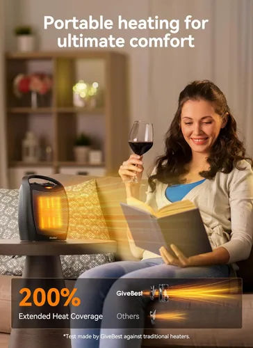 Vista 4 de Calentador ambiental portátil eléctrico, calentador de cerámica con termostato de 1500 W/750 W, calienta hasta 200 pies cuadrados en minutos, seguro