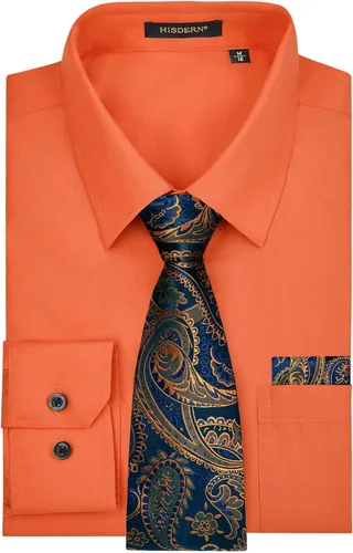 Vista 28 de HISDERN Mens Dress Shirt with Tie Pocket Square Set Classic Button Down Shirt Matching Tie Long Sleeve Shirts 08-verde