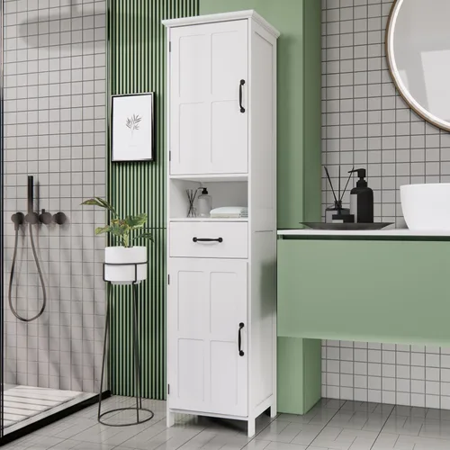 Vista 3 de Locsear Armario de almacenamiento alto para baño, armarios de baño blancos independientes, armario de almacenamiento estrecho con estantes