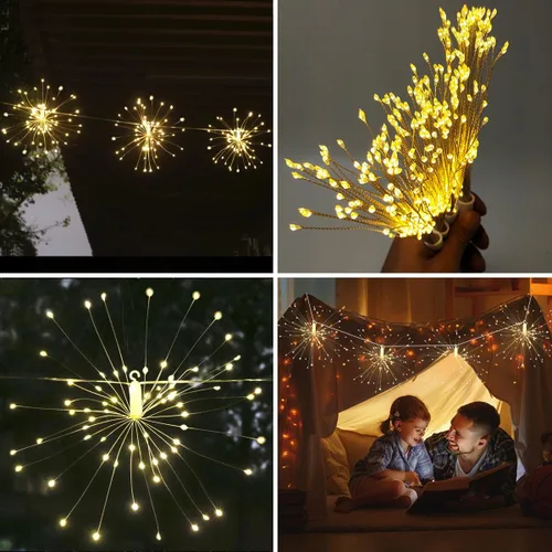 Vista 6 de Luces LED remotas de fuegos artificiales con forma de explosión de cobre, 4 conexiones en total, 480 luces LED parpadeantes, 8 modos con control