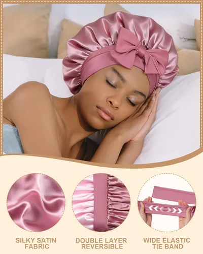 Vista 6 de Gorro de satén para mujeres, gorros de seda para dormir, gorro para cabello rizado con banda elástica con lazo, reversible de doble capa, gorro