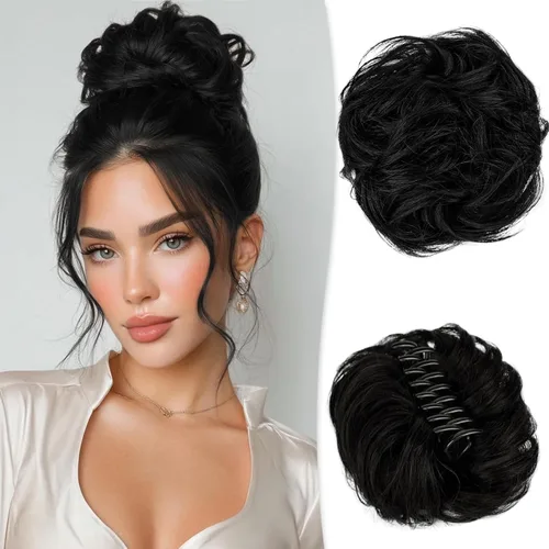 Vista 32 de RUWISS Extensiones de cabello humano real, ondulado y rizado, moño despeinado, cola de caballo para mujer (12H24# castaño rojo/rubio mediano)