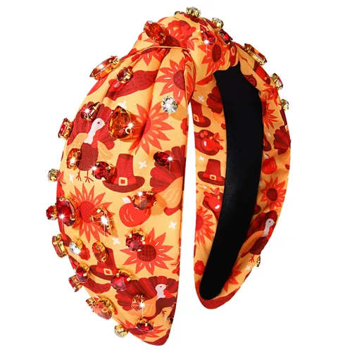 Vista 9 de Diadema de otoño, accesorios de Acción de Gracias para mujer, diadema anudada de cristal con diamantes de imitación, estampado de hojas de arce