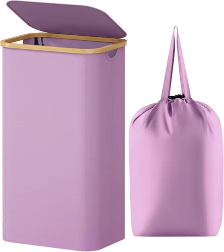 Vista 38 de Lifewit Cesta de lavandería de 80 litros con tapa, cestas de ropa para lavandería con asas de bambú y una bolsa de lavandería extraíble, cesta
