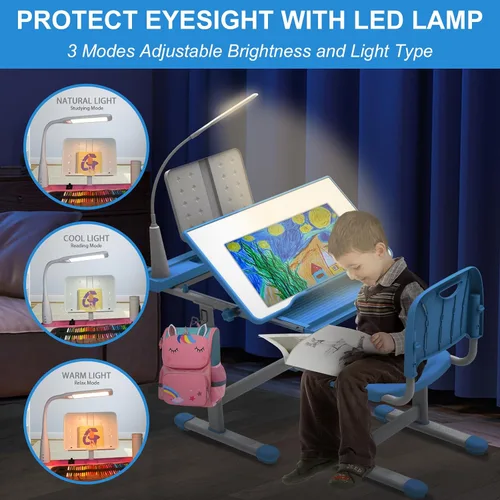 Vista 2 de BELANITAS Juego de escritorio y silla para niños, escritorio escolar de altura ajustable para niños, inclinable de 40 grados con 3 modos de luz