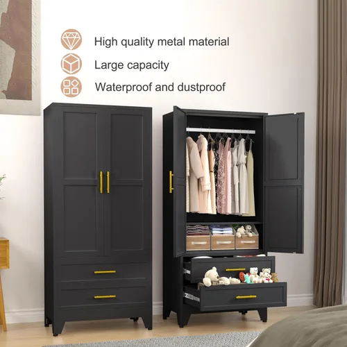 Vista 5 de PAOFIN Armario de metal negro de 71 pulgadas, armario de almacenamiento de ropa para dormitorio con 2 cajones y barra para colgar, armario