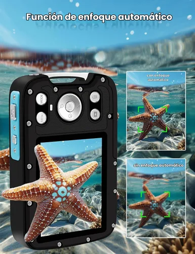 Vista 3 de Cámara subacuática 4K 48MP Autofocus Selfie Cámara impermeable de doble pantalla con correa flotante y tarjeta de 32 GB, cámara digital compacta
