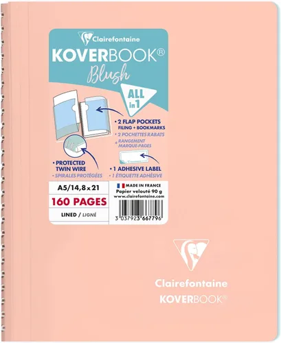 Vista 7 de Clairefontaine - Ref 961778C - Cuaderno con grapas Koverbook Blush (48 hojas) - Tamaño A5, regla rayada, papel de vitela cepillado de 3.17 oz/m²