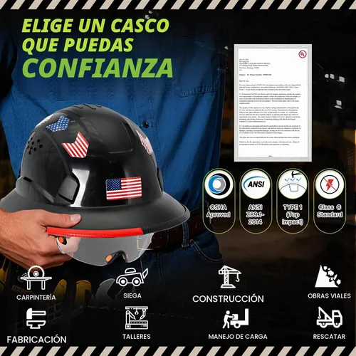 Vista 8 de Cascos de Construcción de ala completa aprobados por la OSHA con visera transparente - Casco de seguridad ANSI Z89.1 ventilado negro con correa