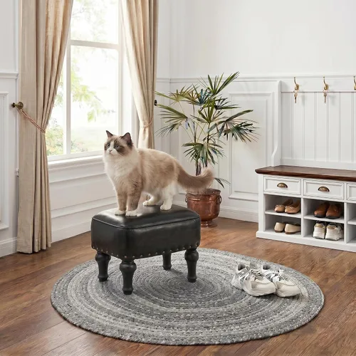 Vista 8 de Cmishe Reposapiés otomano de cuero, reposapiés vintage, asiento tapizado de espuma gruesa, reposapiés de madera, banco para zapatos debajo del Negro