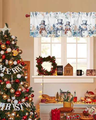 Vista 3 de Cenefas de cortina de Navidad con diseño de muñeco de nieve para ventanas, cenefas de ventana de hojas de eucalipto, bolsillo para barra, cortinas