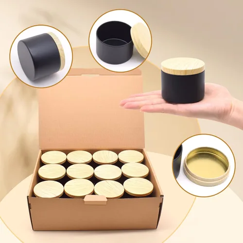 Vista 6 de Paquete de 12 tarros de velas, latas de velas de 4 onzas con tapas de impresión de grano de madera de metal, tarros de velas de metal vacíos