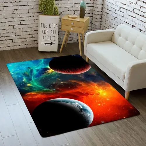 Vista 9 de Alfombra de espacio exterior para habitación de niños, 3 x 5 pies, alfombra Galaxy para dormitorio de niños, suave, antideslizante, sistema solar