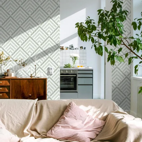 Vista 4 de Cohoo Home Papel tapiz geométrico verde y blanco para despegar y pegar, papel adhesivo para armarios y cajones, papel adhesivo bohemio verde