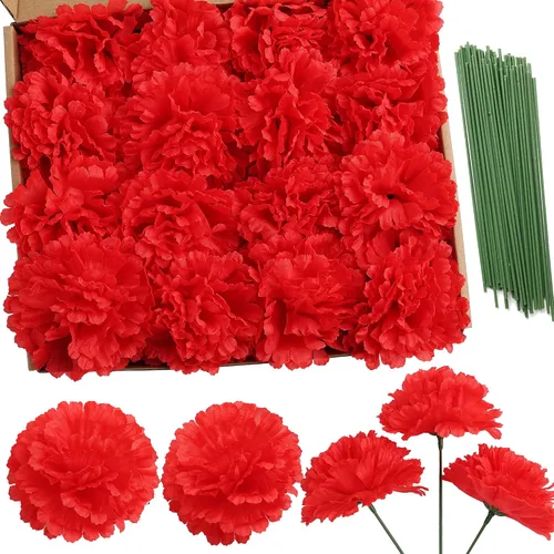 Vista 9 de Paquete de 50 palillos de clavel de seda artificial, cabezas de clavel de flores artificiales con tallos para bricolaje, ramos de boda, centros