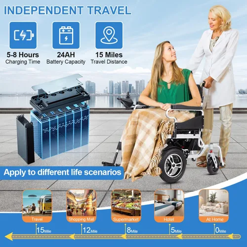 Vista 7 de Silla de ruedas eléctrica ligera, sillas de ruedas eléctricas plegables para adultos, silla de ruedas motorizada de 500 W con motores duales