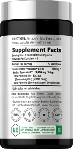 Vista 2 de Horbäach Extracto de Saw Palmetto 120 Cápsulas de Saw Palmetto Berries Fórmula sin OMG y sin gluten
