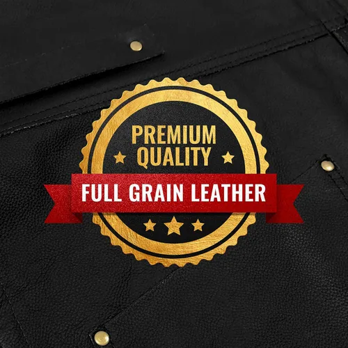 Vista 5 de Under NY Sky Delantal de cuero – correas cruzadas, pierna dividida, remachado, forrado – Piel auténtica para barberos, chef, camarero, barista Negro