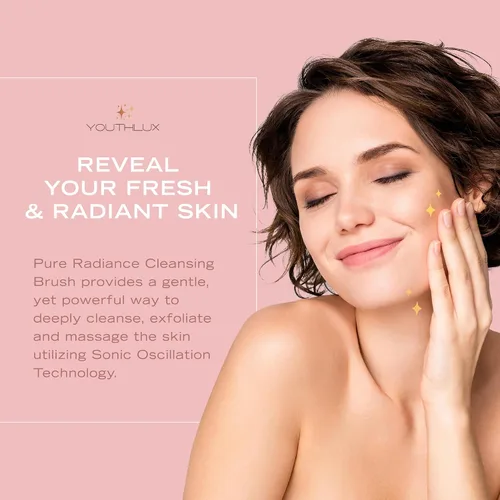 Vista 5 de YouthLab Pure Radiance, cepillo de limpieza facial vibratorio, eléctrico, 3 modos, 3 cabezales de cepillo (2 cerdas, 1 silicona), impermeable, Oro