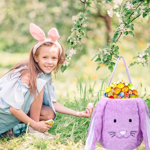Vista 5 de Cesta de conejo de Pascua de felpa, cubos de Pascua con monograma con orejas largas de felpa, bolsas de regalo de Pascua para caza de huevos, bolsas